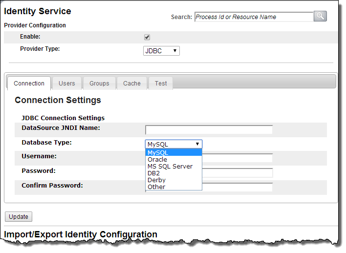 Identity Service Connection tab for JDBC