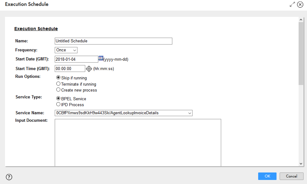 The Execution Schedule dialog box that you use set process schedule properties.