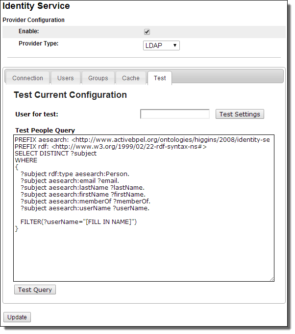Test Tab for LDAP or JDBC-based Identitry Service