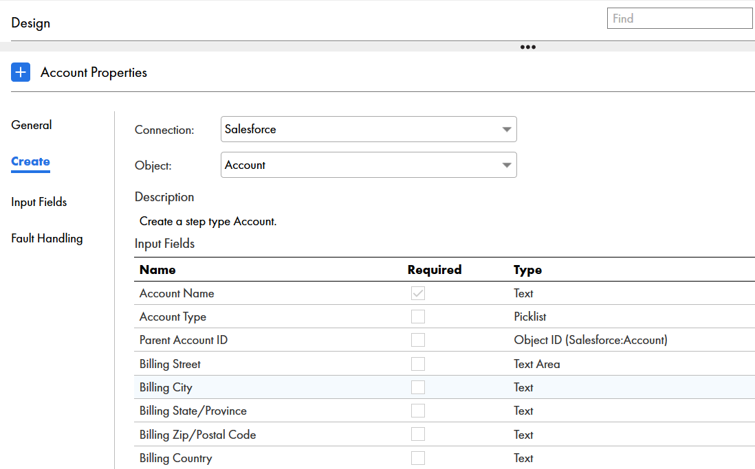 You can view the input fields for the Salesforce account object.