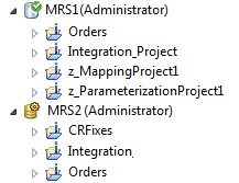 MRS1 is a versioned Model repository that contains four projects. The icon of MRS1 is decorated with a green check mark to show it is a versioned repository. The Model repository MRS2 is not versioned. Its icon is decorated with a yellow gear icon.