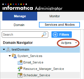 En la vista Servicios y nodos, el dominio llamado testDomain está seleccionado en el navegador del dominio.