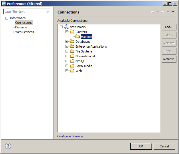 La imagen muestra la pantalla Preferencias. Conexiones está seleccionada en Informatica en el lado izquierdo. La lista de conexiones disponibles aparece en el lado derecho. Hadoop está seleccionada en Clústeres.