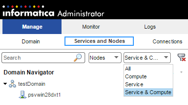 In the Navigator search, objects are filtered by nodes and then by the service and compute roles.