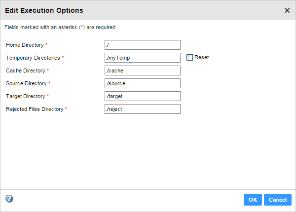 The Temporary Directories property is overridden to the value "./myTemp." A Reset check box displays next to the property.