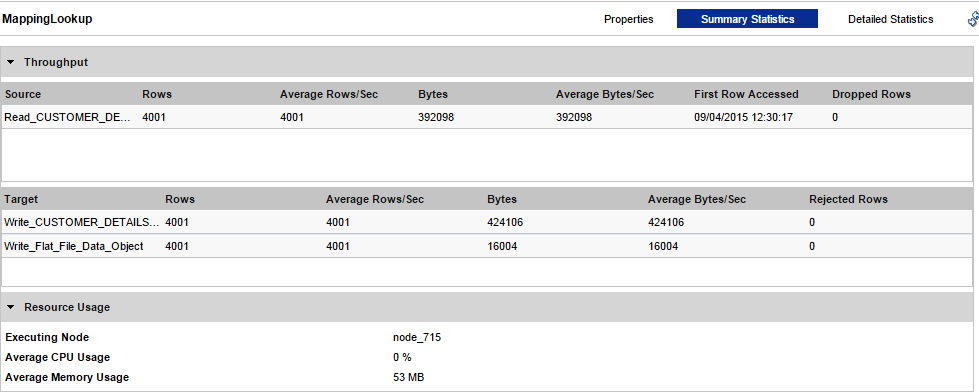 The Summary Statistics view for a Mapping job has two sections: throughput and resource usage. The Throughput section displays statistics for the source and target. The resource usage section lists the executing node, cpu usage, and memory usage for the job.