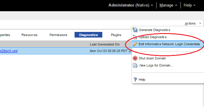 This image shows the Edit Informatica Network Login Credentials choice selected in the Actions menu at the top of the page. This image shows the Edit Informatica Network Login Credentials choice selected in the Actions menu at the top of the page.