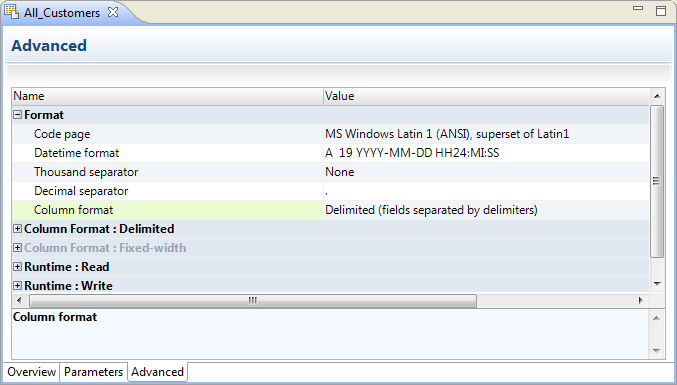 The Format section is expanded. The delimited and fixed-width format sections and the run-time sections are collapsed.
