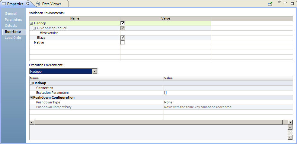 The figure shows the mapping Run-time tab. Under Validation Environment, Hadoop is selected. The Hive on MapReduce and Blaze engines are selected by default. Under Execution Environment, Hadoop is selected.