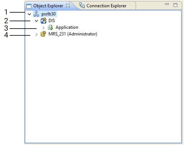 The image shows the Object Explorer view in the Developer tool. The view shows a domain, a Model repository in the domain, a Data Integration Service in the domain, and a run-time application on the Data Integration Service.