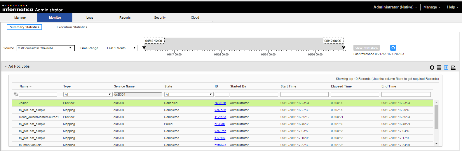 The image shows a list of Ad Hoc jobs in the Summary Statistics view. The list contains the job name, the type, the Data Integration Service name, the state, and a Job ID. The Job ID is a link that you can click to view the job in the Execution Statistics view.