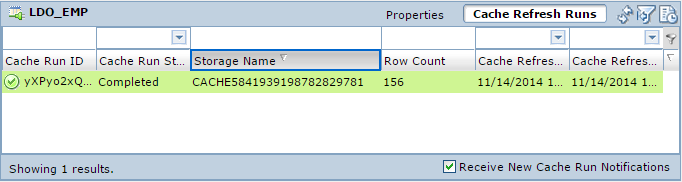 The Cache Refresh Runs view displays details about the default cache table created for the logical data object named LDO_EMP.