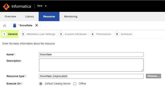 The Resource tab of Catalog Administrator shows fields that you must fill to create a resource. In this example, the Resource type field indicates that the Snowflake resource is deprecated.