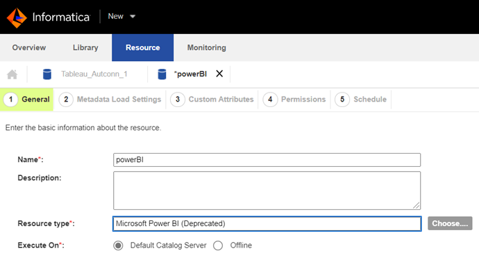 The Resource tab of Catalog Administrator shows fields that you must fill to create a resource. In this example, the Resource type field indicates that the Microsoft Power BI resource is deprecated.