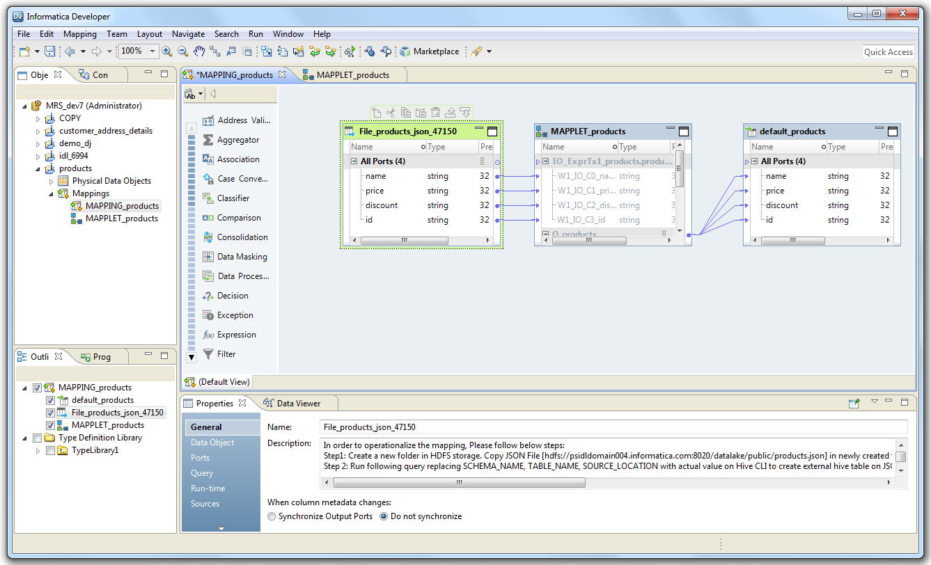 The image shows a mapping selected in the Developer tool. The instructions to follow to operationalize the mapping appear in the Description field in the General tab.
