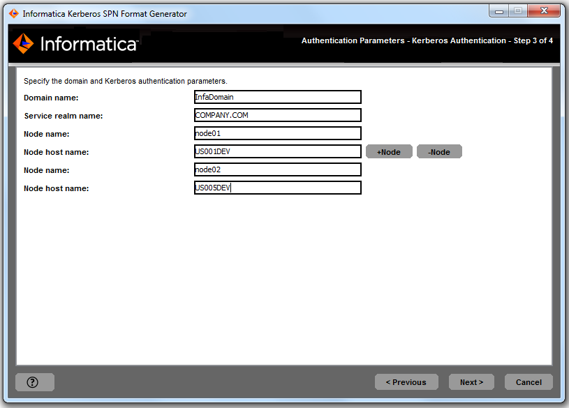 The SPN Format Generator utility displays the domain name, Kerberos service realm name, and all node names and node host names that you entered.