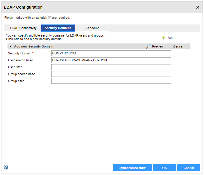 The Security Domains dialog box shows the details for the COMPANY.COM LDAP security domain.