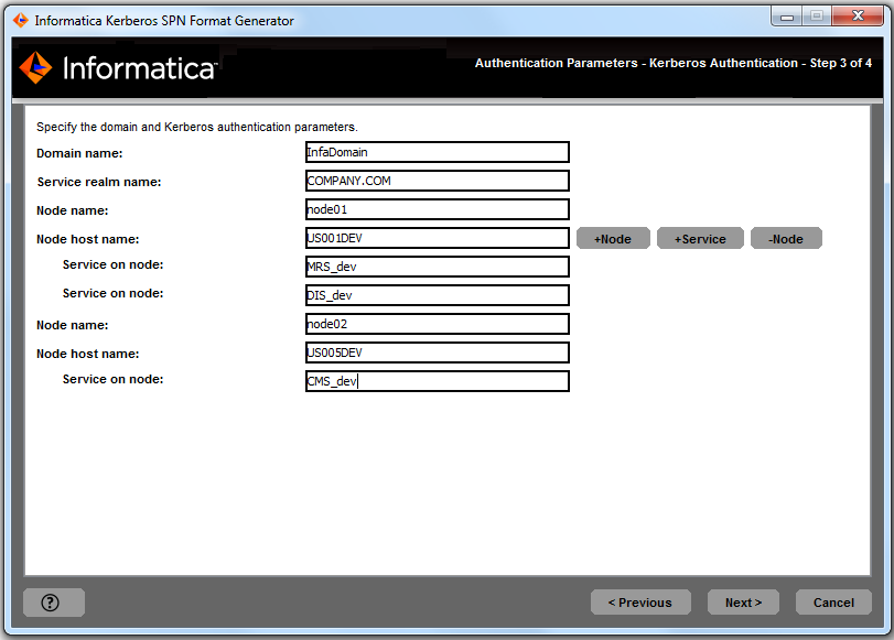 The SPN Format Generator utility displays the domain name, Kerberos service realm name, and all node names and node host names that you entered. The utility also displays the name of each application service that runs on each node.