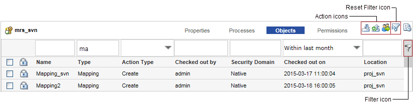 Die Objekt-Registerkarte listet Repository-Objekte auf, wenn Sie die Ansicht filtern.