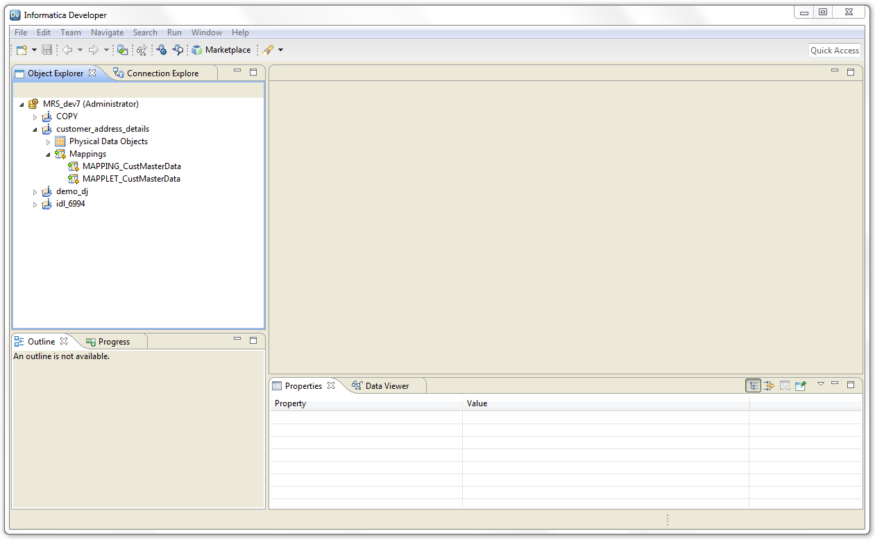 The image displays the Object Explorer view in the Developer tool, which displays the converted mapping stored in the Model repository after publication of the CustMasterData prepared data in the customer_address_details project.