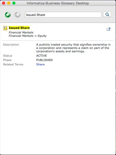 The image shows the business term Issued Share in the Search box and the properties for the business term below. The business term properties include Description, Status, Data Steward, Owner, ID, Create Date, and Update Date.