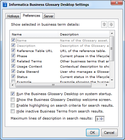 The figure shows the Preferences tab selected on top. The business term details appear in a table below. The options to Run the Business Glossary Desktop on system startup, and Show the Business Glossary Desktop welcome screen are selected. The option Enable highlighting on search criteria for search results is not selected. The option Maximum lines of description in search results has a value of 3.