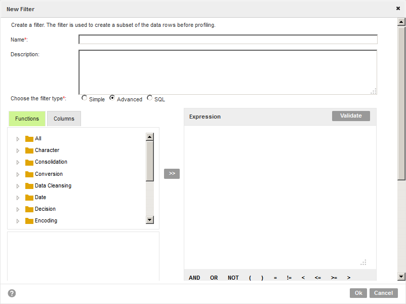 The image shows advanced filter options to create a filter. You can add expressions, columns, and functions to create a filter. You can validate the filter.