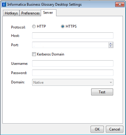 The image shows the Server tab selected on top. The image shows the server settings, such as Protocol, Host, Port, Kerberos Domain, Username, Password, and Domain. You can edit the server settings and test the connection to the business glossary.