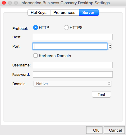 The image shows the Server tab selected on top. The image shows the server settings, such as Protocol, Host, Port, Kerberos Domain, Username, Password, and Domain. You can edit the server settings and test the connection to the business glossary.