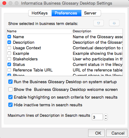 The figure shows the Preferences tab selected on top. The business term details appear in a table below. The options to Run the Business Glossary Desktop on system startup, Enable highlighting on search criteria for search results, Hide inactive terms in search results are selected and Show the Business Glossary Desktop welcome screen is not selected. The option Maximum lines of description in search results has a value of 3.