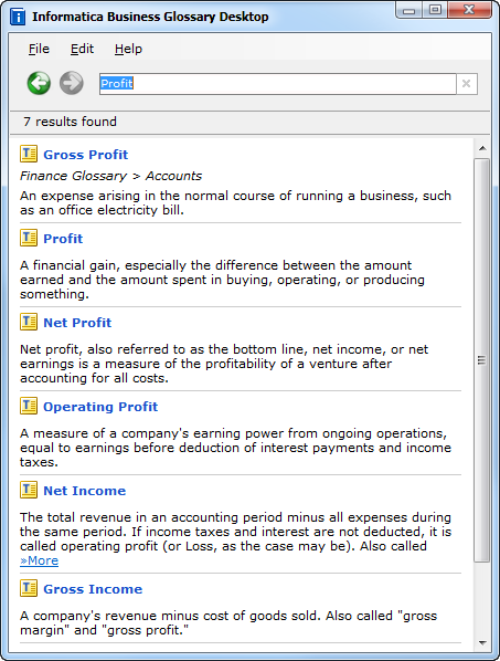 The figure shows the File, Edit, and Help menus on the top. The buttons to navigate back and forth between business terms are to the left of the Search box. The list of business terms appear as results at the bottom.