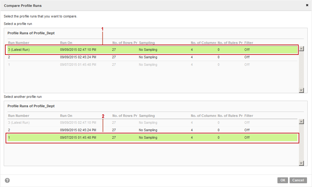 The image shows the compare profile run dialog box where you can select two profile runs to compare and view the compare profile results.