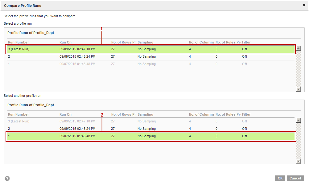 The image displays the compare profile run dialog box where you can select two profile runs to compare and view the compare profile results.