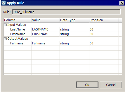 The Apply Rule dialog box contains a column for input and output column names. It also contains columns for values, datatypes, and precision. The profile in this image contains a rule titled Rule_FullName that merges the LastName and FirstName columns into a Fullname column.