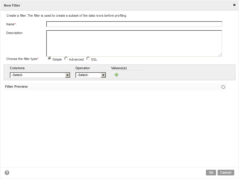 The image displays the simple filter options in the new filter dialog box. You can add columns, operators, and values to create a filter expression. You can preview the filter in the filter preview pane. The image displays the simple filter options in the new filter dialog box. You can add columns, operators, and values to create a filter expression. You can preview the filter in the filter preview pane.