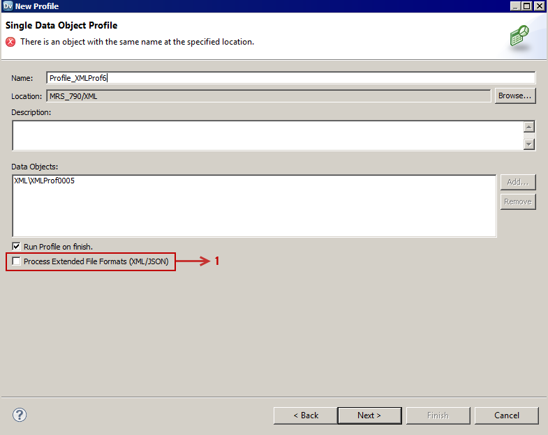 This image displays the New Profile wizard where you must select the Process Extended File Formats (XML/JSON) option.