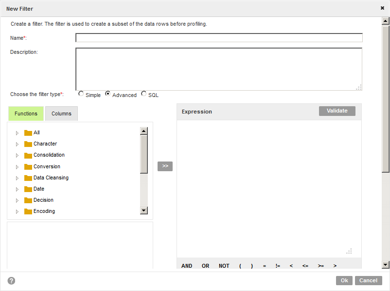 The image displays advanced filter options to create a filter. You can add expressions, columns, and functions to create a filter. You can validate the filter. The image displays advanced filter options to create a filter. You can add expressions, columns, and functions to create a filter. You can validate the filter.