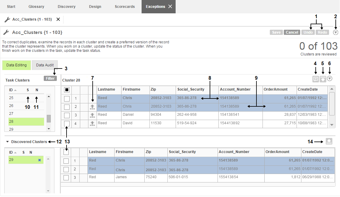 A column on the left of the screen represents the clusters in the task. Each row in the column is a cluster. Click on a row to display the records in the cluster. You can open another cluster below the current cluster and move records between the clusters.