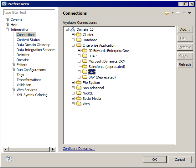 The Connections dialog box shows the deprecated SAP connection category and the new SAP connection category that you must use.