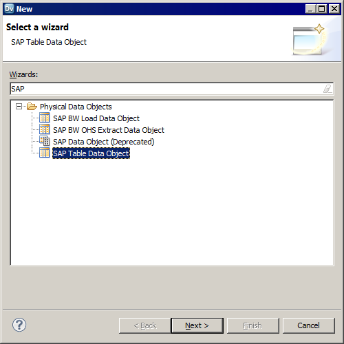 The New Data Object dialog box shows the deprecated SAP data object and the new SAP Table data object that you must use.