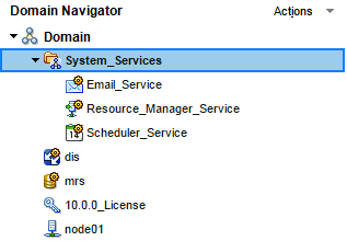 The Domain is expanded in the Domain Navigator. The Domain contains a system services folder, a model repository service, a data integration service, a license, and a node. The System Services folder contain an email service, a resource manager service, and a scheduler service.