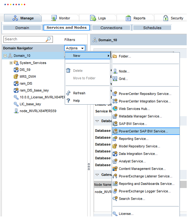 The image shows the user interface option that you must use in the Administrator tool to create an SAP BW Service for PowerCenter.