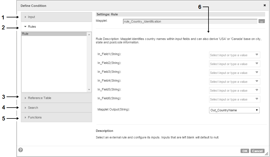 The Define Condition dialog box options define the comparison operation for the condition. Select an option type on the left-hand side of the dialog box. Use the editable fields to define the comparison operation.