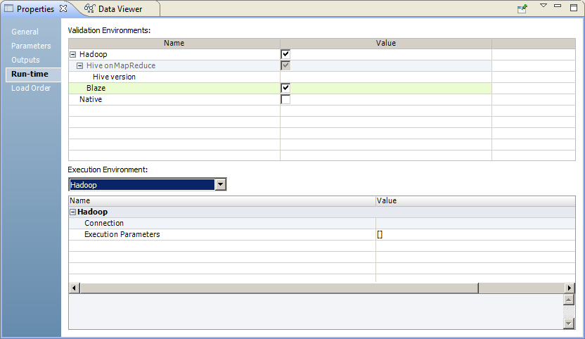 The figure shows the mapping Run-time tab. Under Validation Environment, Hadoop is selected. The Hive on MapReduce and Blaze engines are selected by default. Under Execution Environment, Hadoop is selected.
