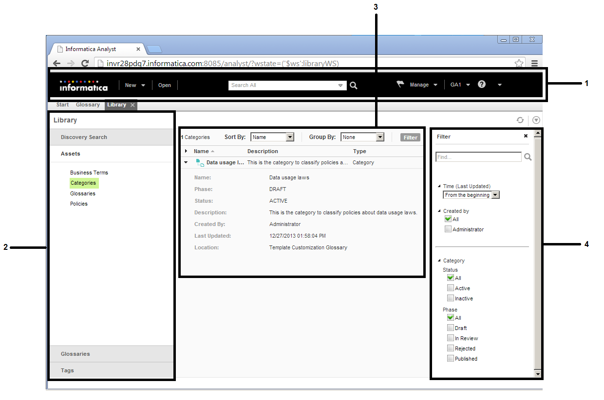 Lirbrary workspace shows the header area, the Library Navigator, the asset list, and the Filter panel.