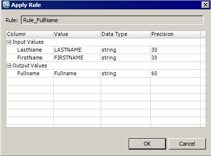 The Apply Rule dialog box contains a column for input and output column names. It also contains columns for values, datatypes, and precision. The profile in this figure contains a rule titled Rule_FullName that merges the LastName and FirstName columns into a Fullname column.