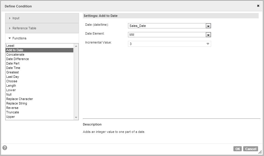 The dialog box shows a condition that uses a function to add three months to a date value.