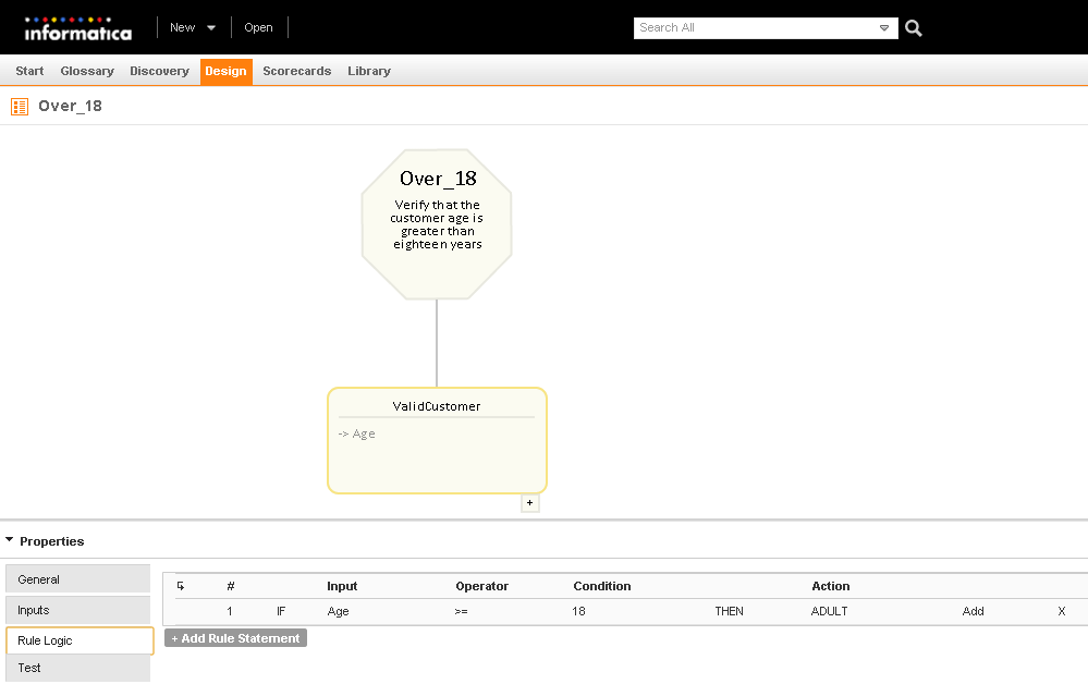 The rule specification contains a single rule set with a single rule statement. The rule statement analyzes age data and writes a status descriptor if the age specified is over eighteen years.