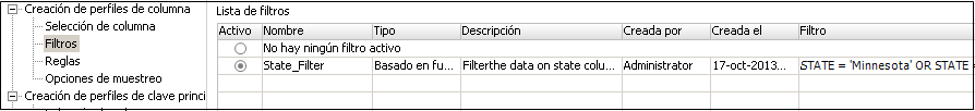 En un panel de la definición de perfil, puede elegir configurar la selección de columnas, los filtros, las reglas y las opciones de muestreo. Cuando seleccione una opción en el panel, puede configurar las propiedades correspondientes. La figura muestra la definición de State_Filter. El filtro identifica los registros de clientes que tienen el valor de estado Minnesota o Michigan.