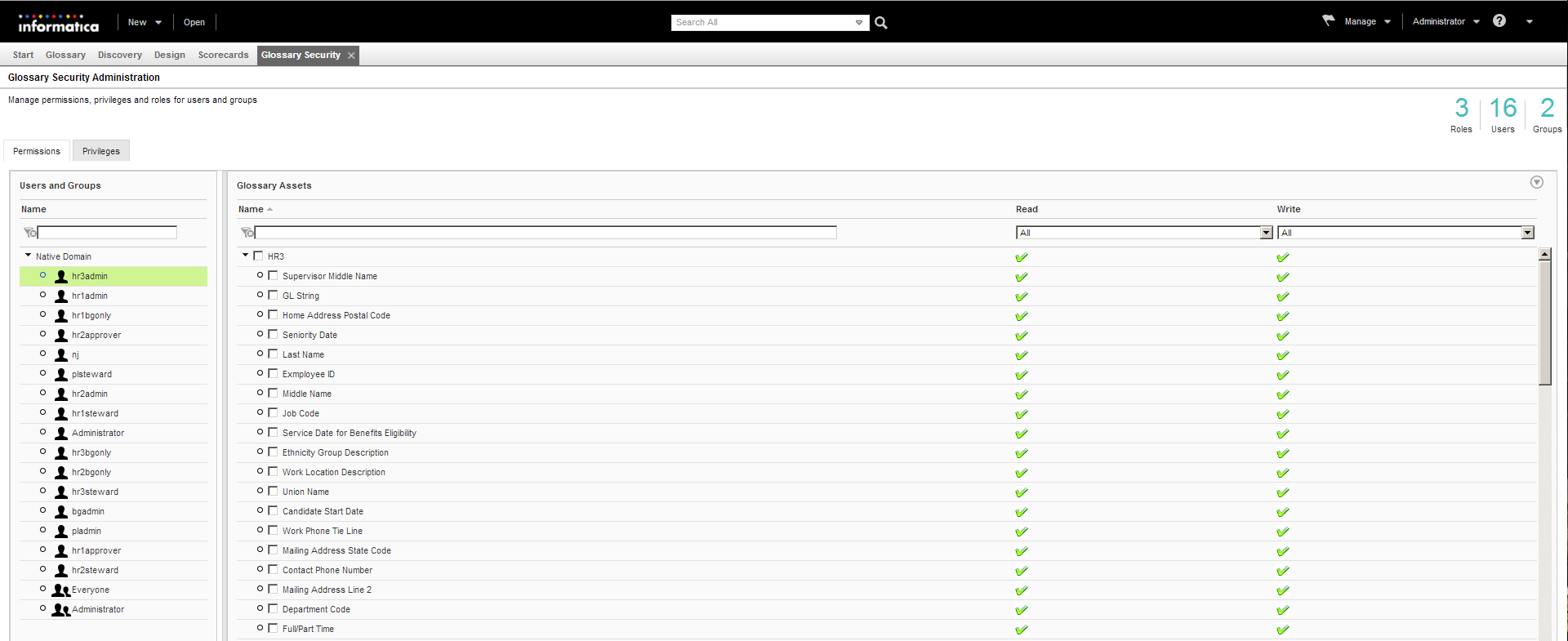 The glossary security workspace consists of two tabs and two panels. One tab is for permissions and one tab is for privileges. One panel displays a list of all users and groups and one panel displays the Glossary asset associated with the selected user or group.